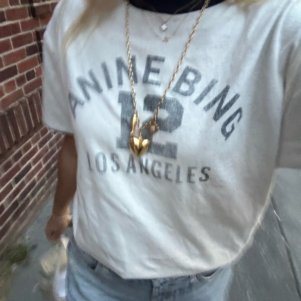 Anine Bing Cream Short-Sleeve Tee with Navy Trim and Graphic - Picture 4 of 7